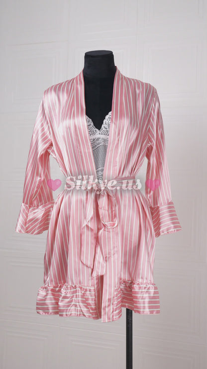 Three-piece Pink Striped Silk Bathrobe Set