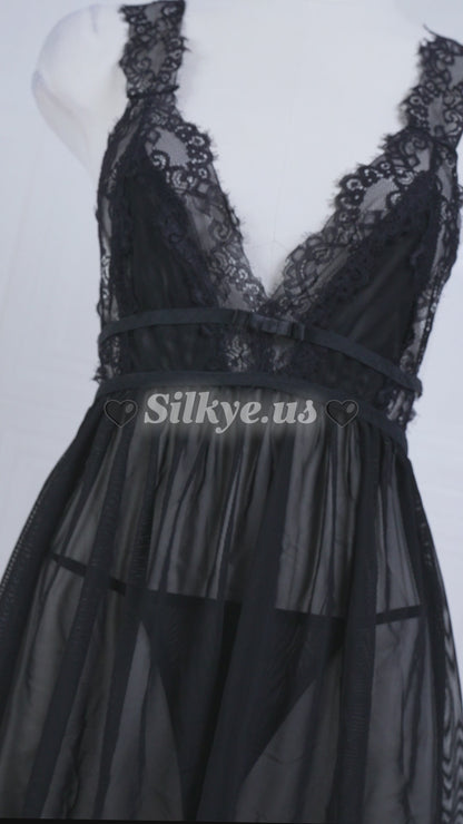 Sheer Mesh Deep V Lace Cami Nightgown Black