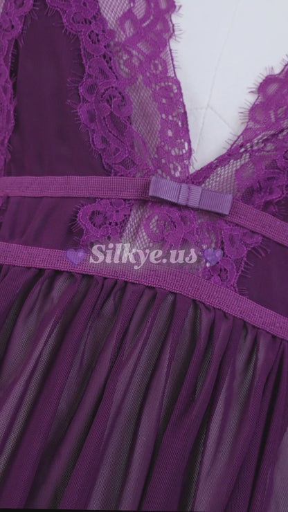 Sheer Mesh Deep V Lace Cami Nightgown Purple