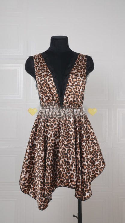 Lace-paneled Leopard Print Satin Nightdress