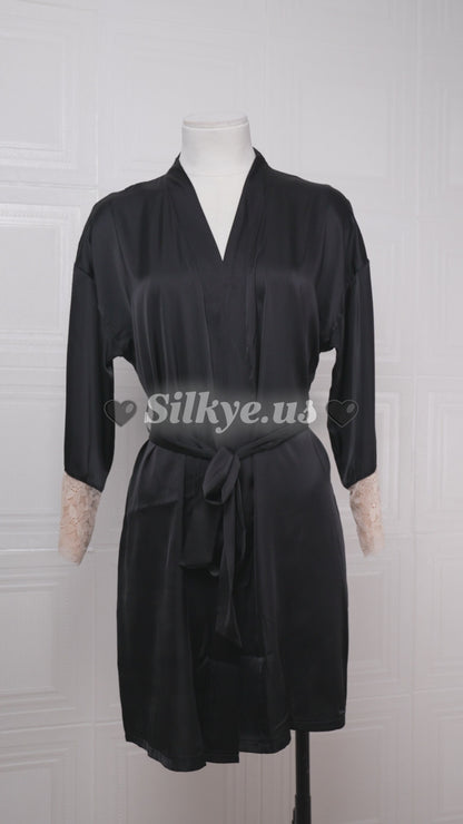 Silk Black Robe with Lace-trimmed Cuffs