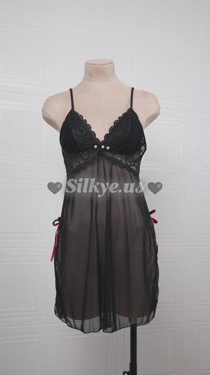 Sheer Slit Pearl-embellished Lace Slip Dress Black