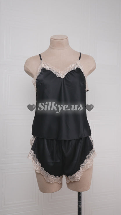 Lace-paneled Ice Silk Camisole and Shorts Two-piece Set