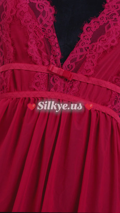 Sheer Mesh Deep V Lace Cami Nightgown Red