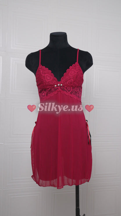 Sheer Slit Pearl-embellished Lace Slip Dress Red