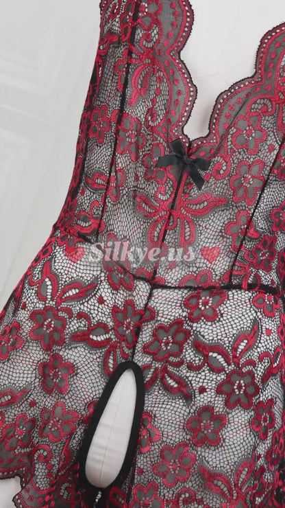 Embroidered Lace Bodysuit Black and Red