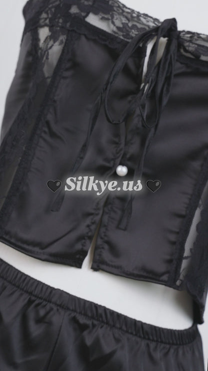 Satin&lace High Waist Cami Dress Black