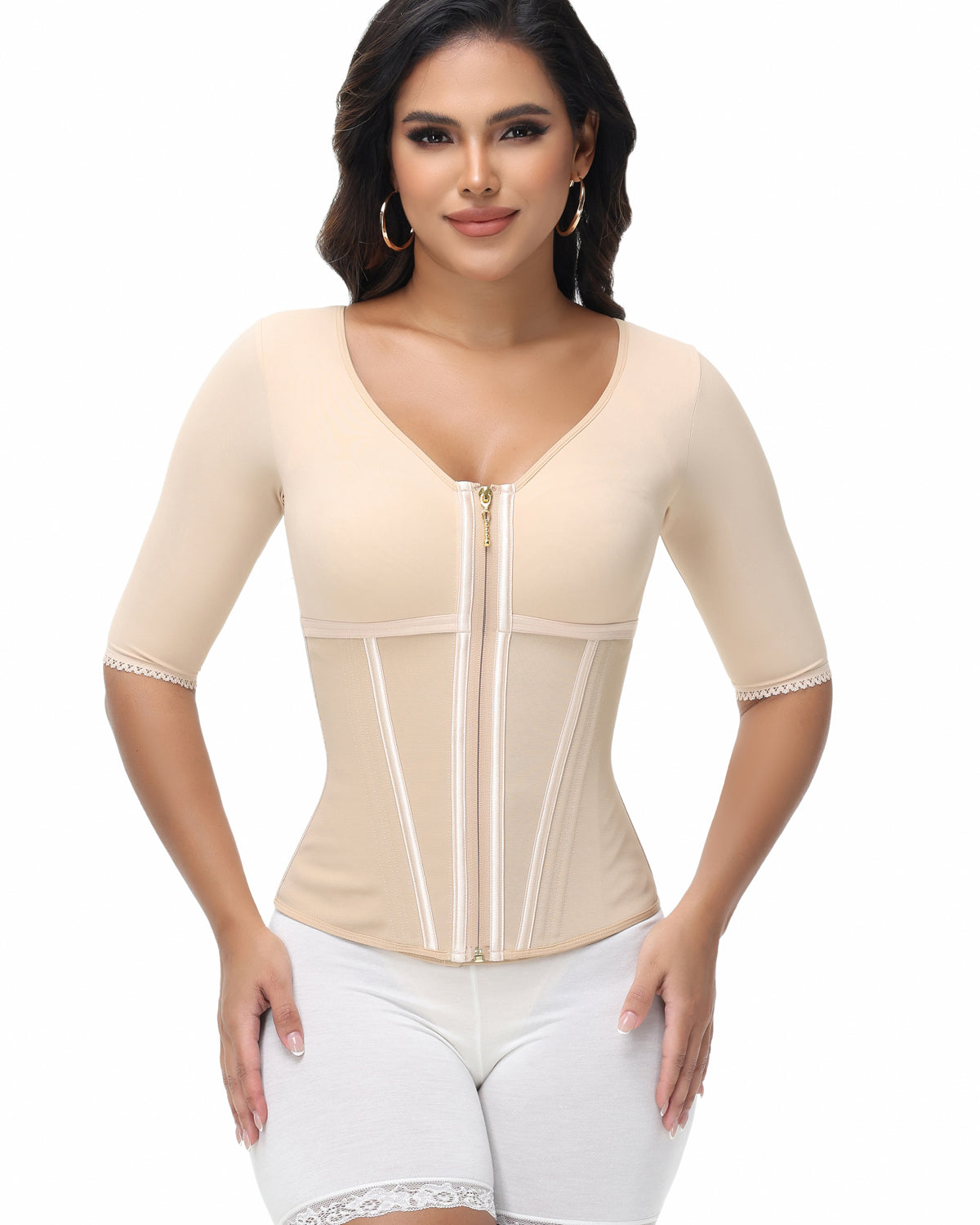Fajas Colombianas High Compression Half Sleeves V Neck Waist Trainer