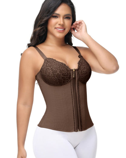 Deep V Lace Corset Top Trimmed Waist Trainer with Front Zipper