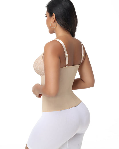 Deep V Lace Corset Top Trimmed Waist Trainer with Front Zipper