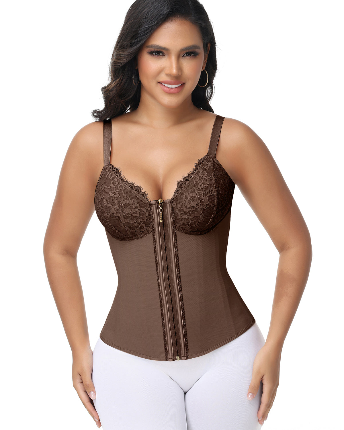 Deep V Lace Corset Top Trimmed Waist Trainer with Front Zipper